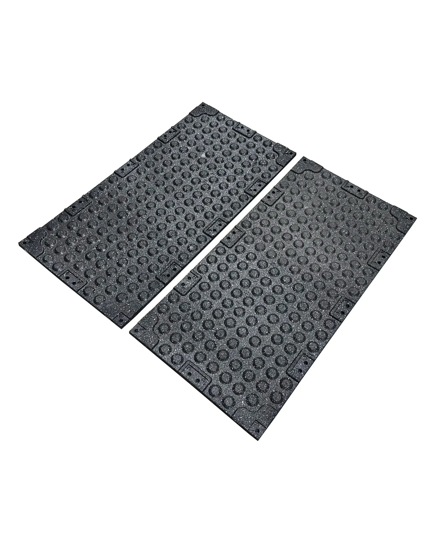 Premium black rubber gym flooring tile with 20mm thickness, grey fleck pattern, from Gym Gear, showing textured surface and size details.