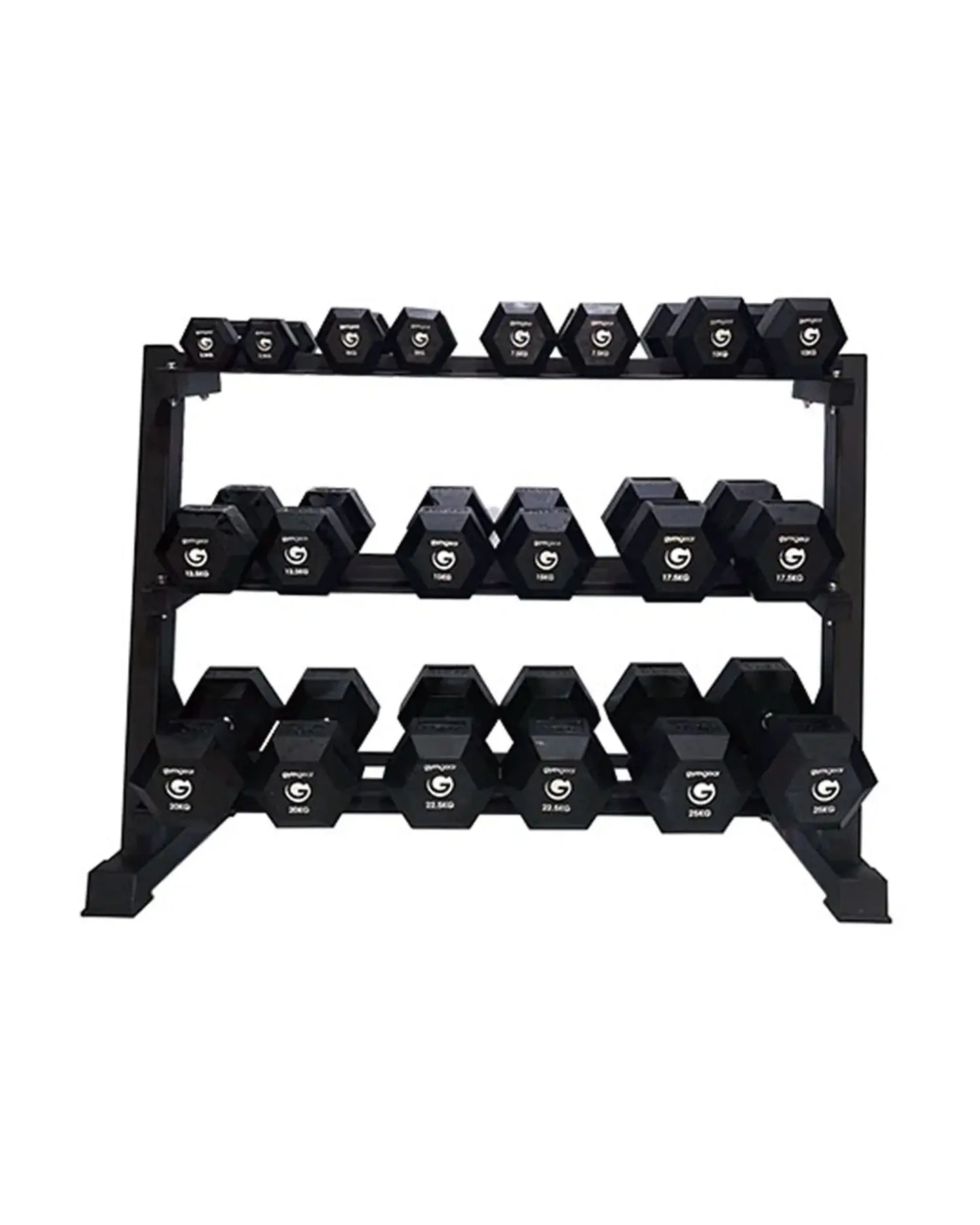 Gym Gear 3-tier hex dumbbell rack showing organized storage for multiple dumbbells in a gym setting.