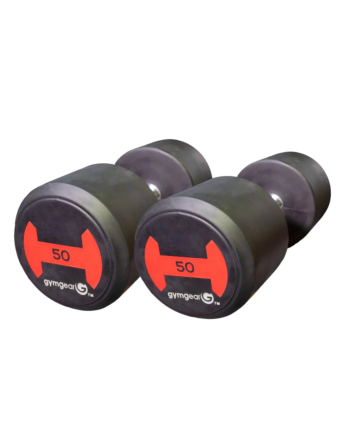 Pair of Gym Gear rubber dumbbells with red end caps, 50kg weight, designed for strength training and fitness workouts.