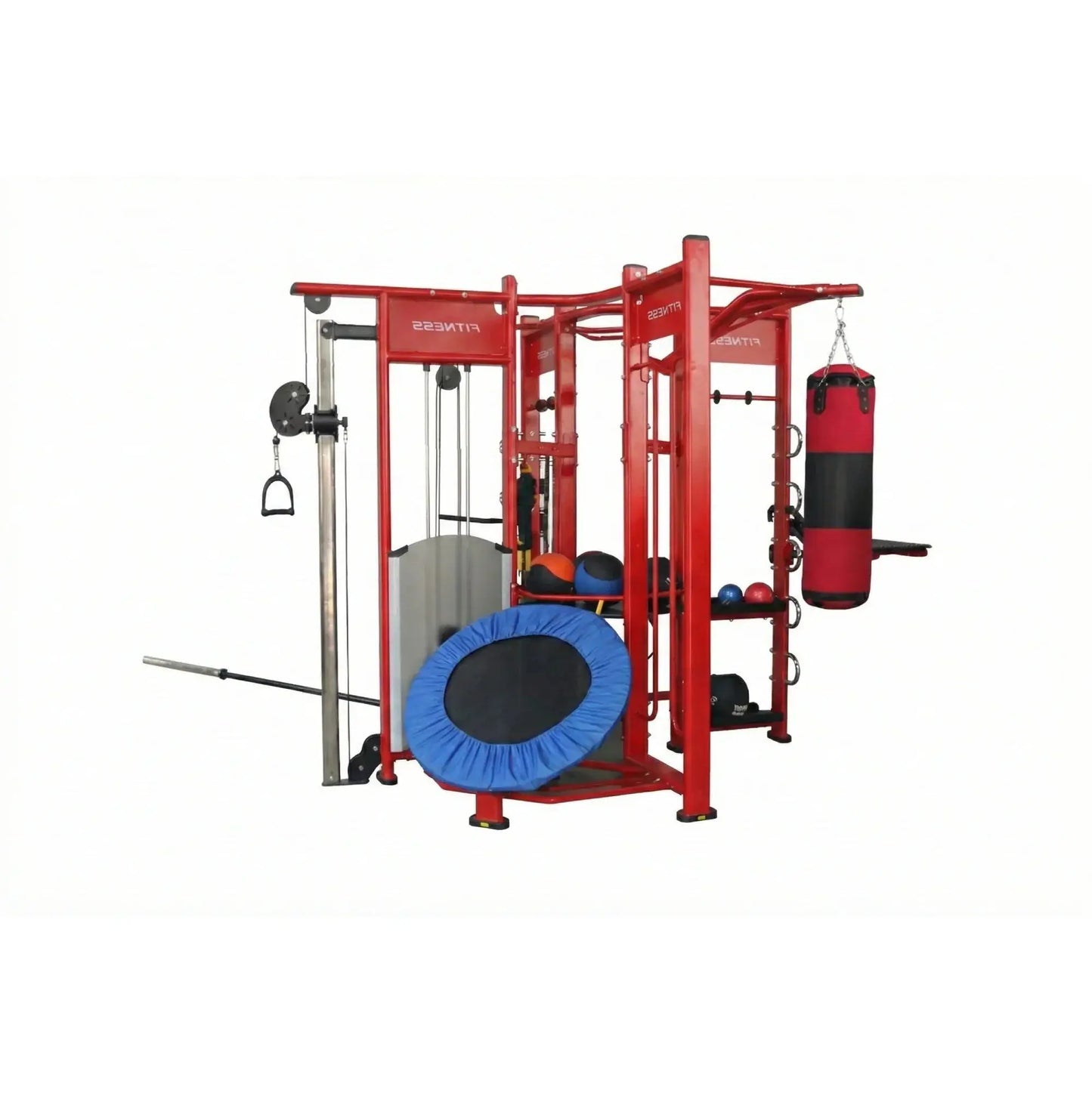 Red Spartan Studio Rig multi-functional fitness station with blue trampoline punching bag and various exercise equipment