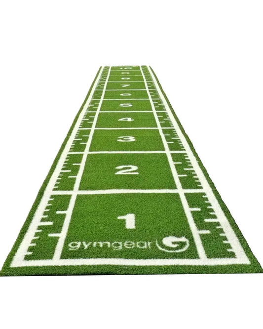Green 10m x 1.5m Gym Gear sprint track with full line markings, ideal for athletic training and running practice.