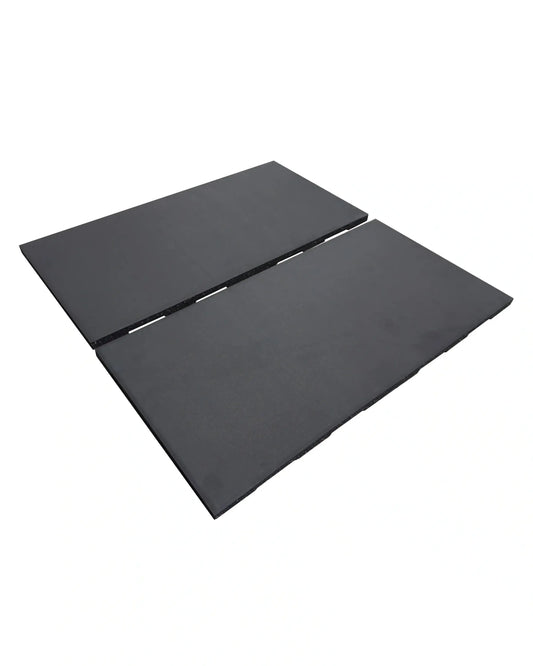 Black rubber gym floor tile by Gym Gear, 30mm thick, 1m x 0.5m, ideal for durable exercise and weight room flooring.
