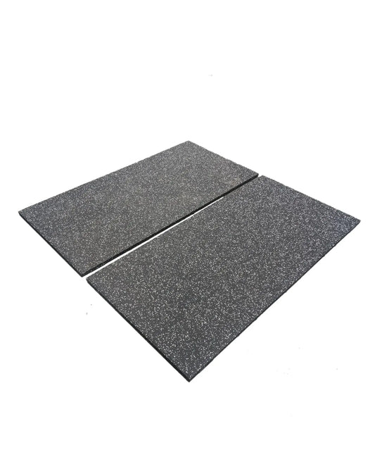 Dark grey fleck 30mm premium rubber tile for gym flooring by Gym Gear, measuring 1m by 0.5m, with textured black rubber surface.