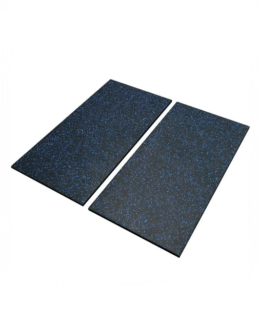 Blue fleck 30mm gym flooring rubber tile from Gym Gear, 1m x 0.5m, showing textured surface and vibrant color details.