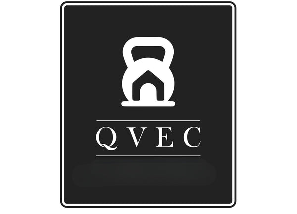 Black square with white kettlebell icon and 'QVEC' text on a white background