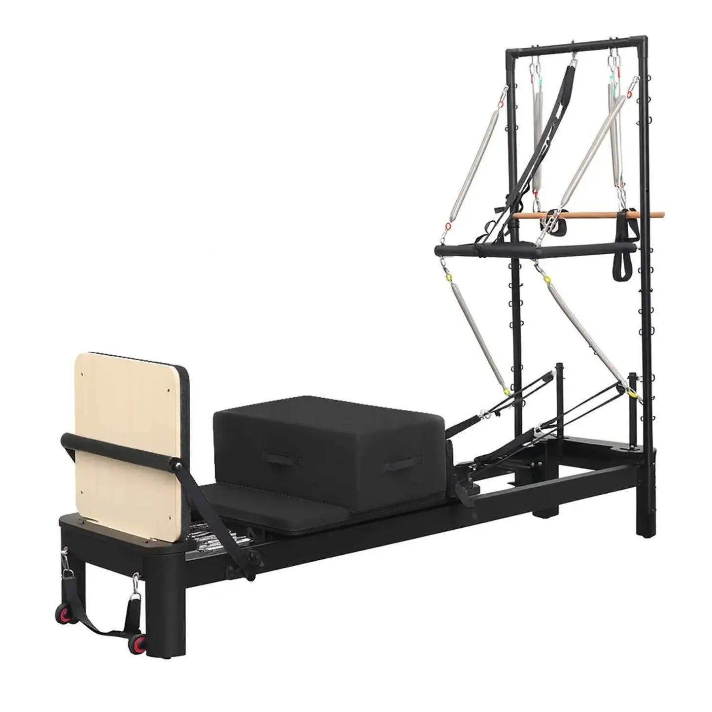 Aluminium Pilates reformer with tower system and half trapeze from Gym Gear, featuring adjustable straps and padded platform.