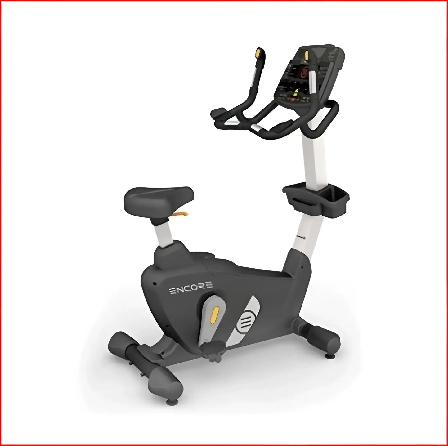 Encore upright bike in black and silver with a digital display screen for indoor cardiovascular exercise