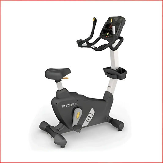 Encore upright bike in black and silver with a digital display screen for indoor cardiovascular exercise