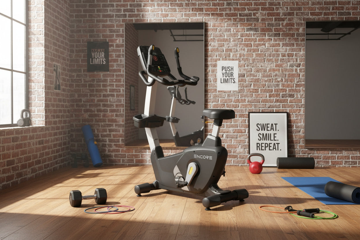 Impulse Health Tech Encore Upright Bike for indoor cycling, featuring a sturdy frame and adjustable seat for comfortable workouts.