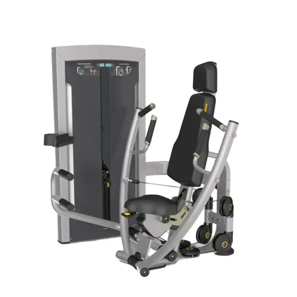 Pin-loaded Fortitide Series Chest Press Machine by Gym Gear, showing the sturdy frame and adjustable weight plates for strength training.