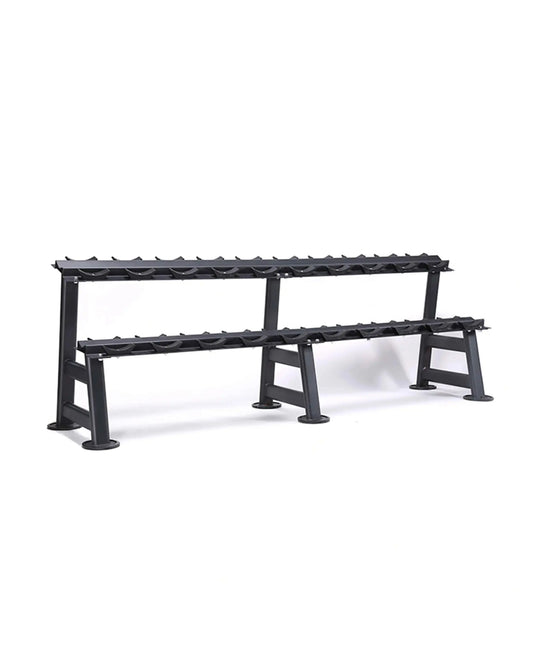 Gym Gear 10-pair 2-tier dumbbell storage rack with sturdy metal frame for organizing gym equipment.