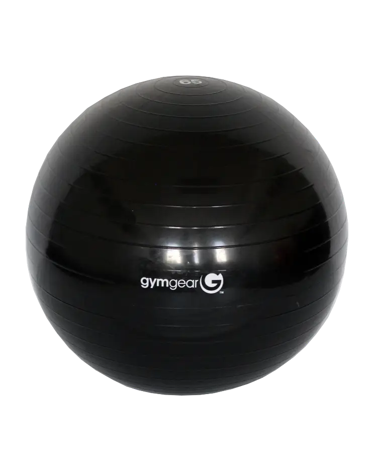 Black Gym Gear gym ball used as studio exercise equipment, featuring a textured surface for stability and balance training.