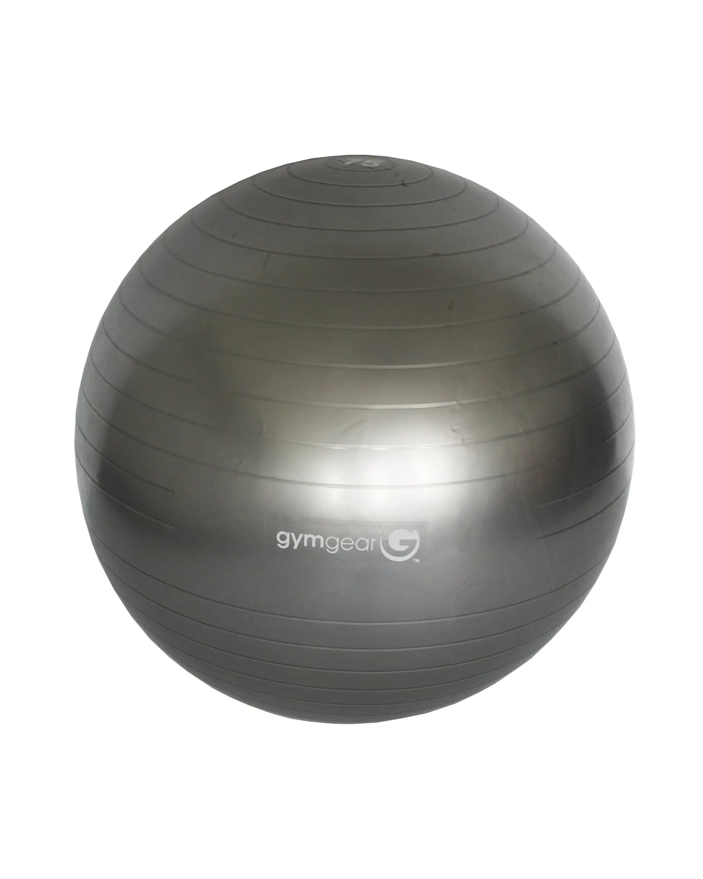 Grey Gym Gear gym ball used as studio accessory, showing a textured surface suitable for exercise and stability training.