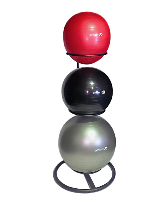 Black Gym Gear gym ball stand used for storing and organizing exercise balls in a home or gym workout space.