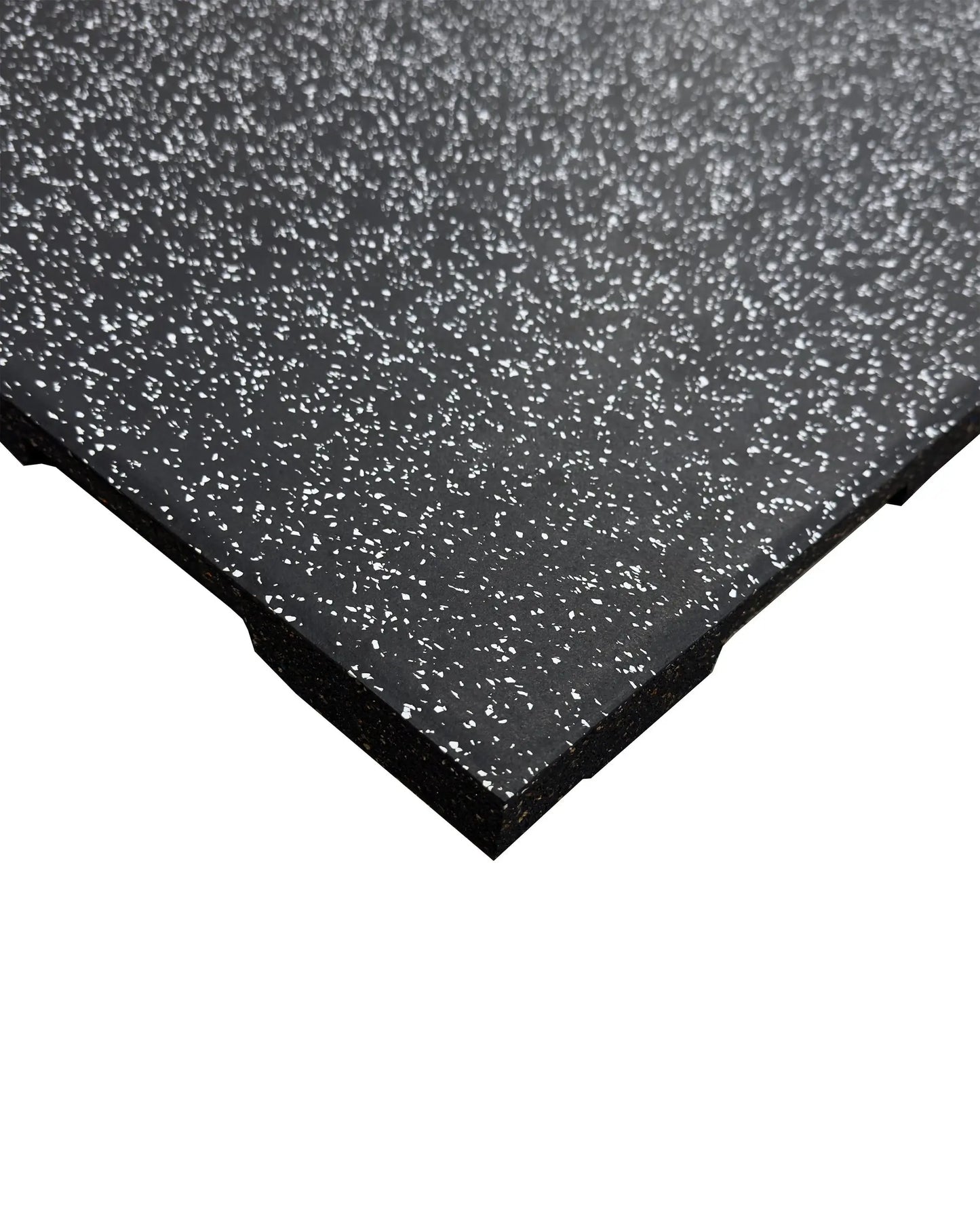 Gym Gear black rubber flooring tile with grey fleck, 30mm thick, showing corner detail for gym or workout space flooring.