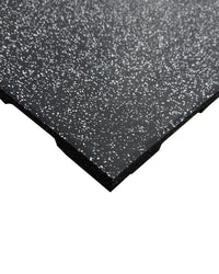 Gym Gear black rubber flooring tile with grey fleck, 30mm thick, showing corner detail for gym or workout space flooring.