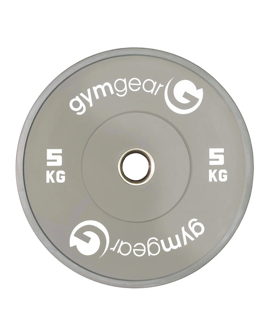 Grey Gym Gear coloured bumper plates, 5kg weight plates designed for weightlifting and strength training.