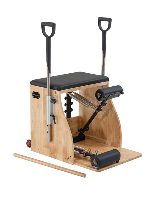 Pilates Gym Gear Wunda Chair with padded seat and adjustable features, designed for versatile exercise routines.