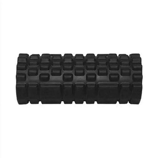 Black Gym Gear deep tissue foam roller with textured surface, designed for muscle recovery and massage therapy.