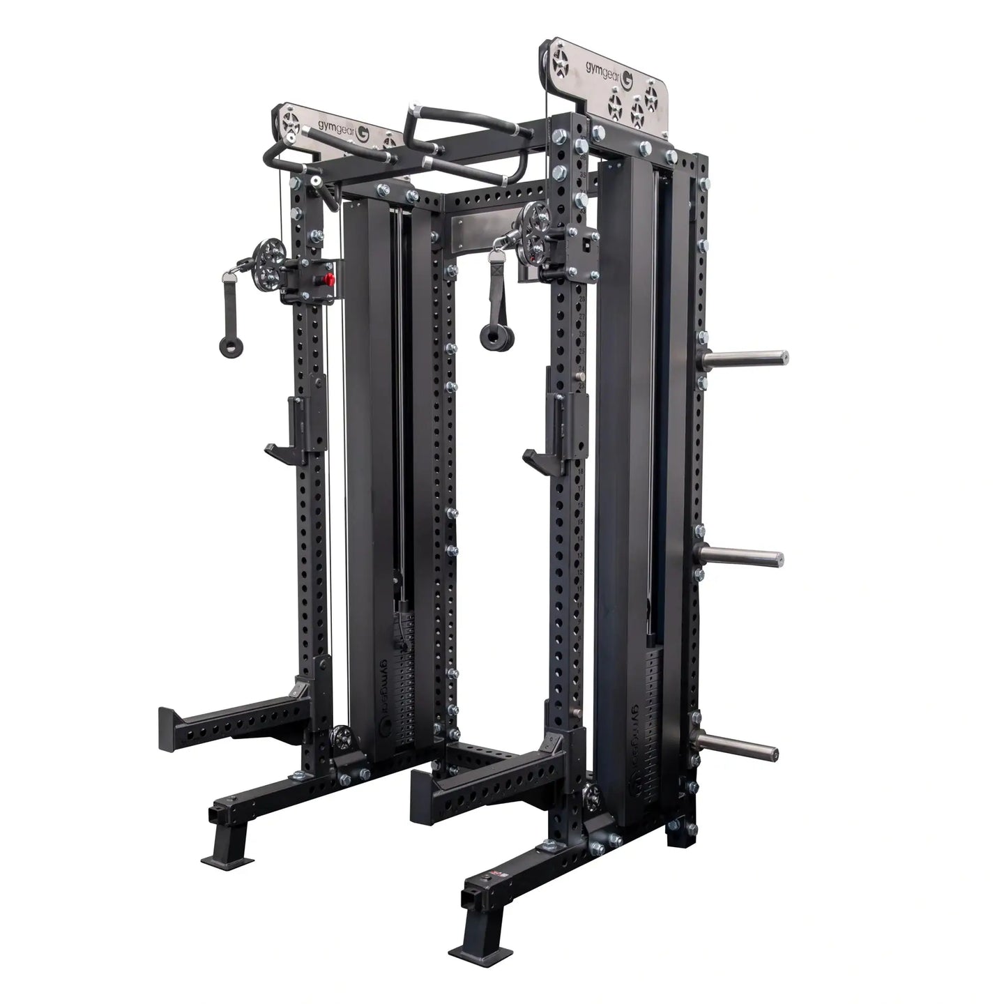 Gym Gear Elite Series DAP Half Rack Combo with pin-loaded weight system and sturdy steel construction for strength training.