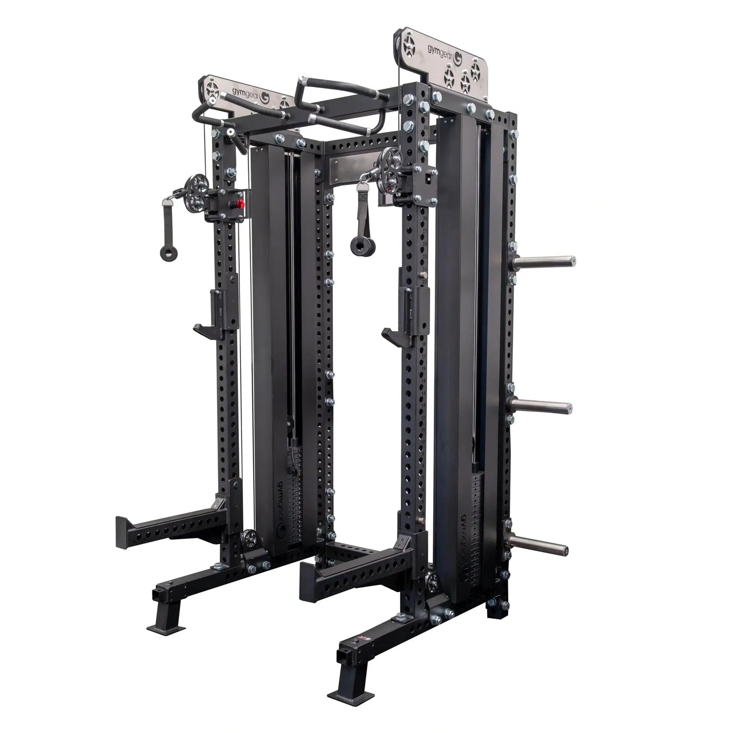 Gym Gear Elite Series DAP Half Rack Combo with pin-loaded weight system and sturdy steel construction for strength training.