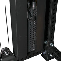 Gym Gear Elite Series DAP Half Rack Combo with pin-loaded weight system, sturdy steel construction and adjustable safety bars for weightlifting.