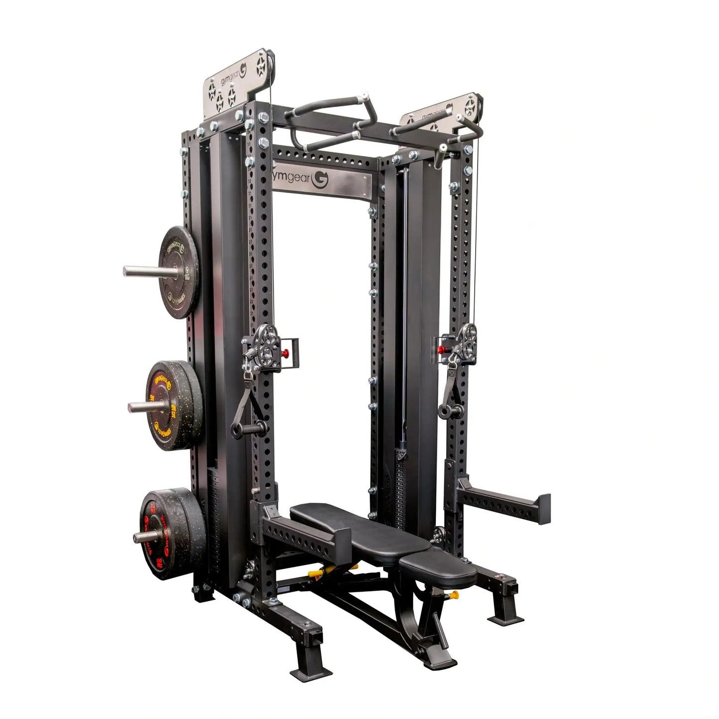 Gym Gear Elite Series DAP Half Rack Combo, pin-loaded strength training equipment with multiple storage options and sturdy construction.