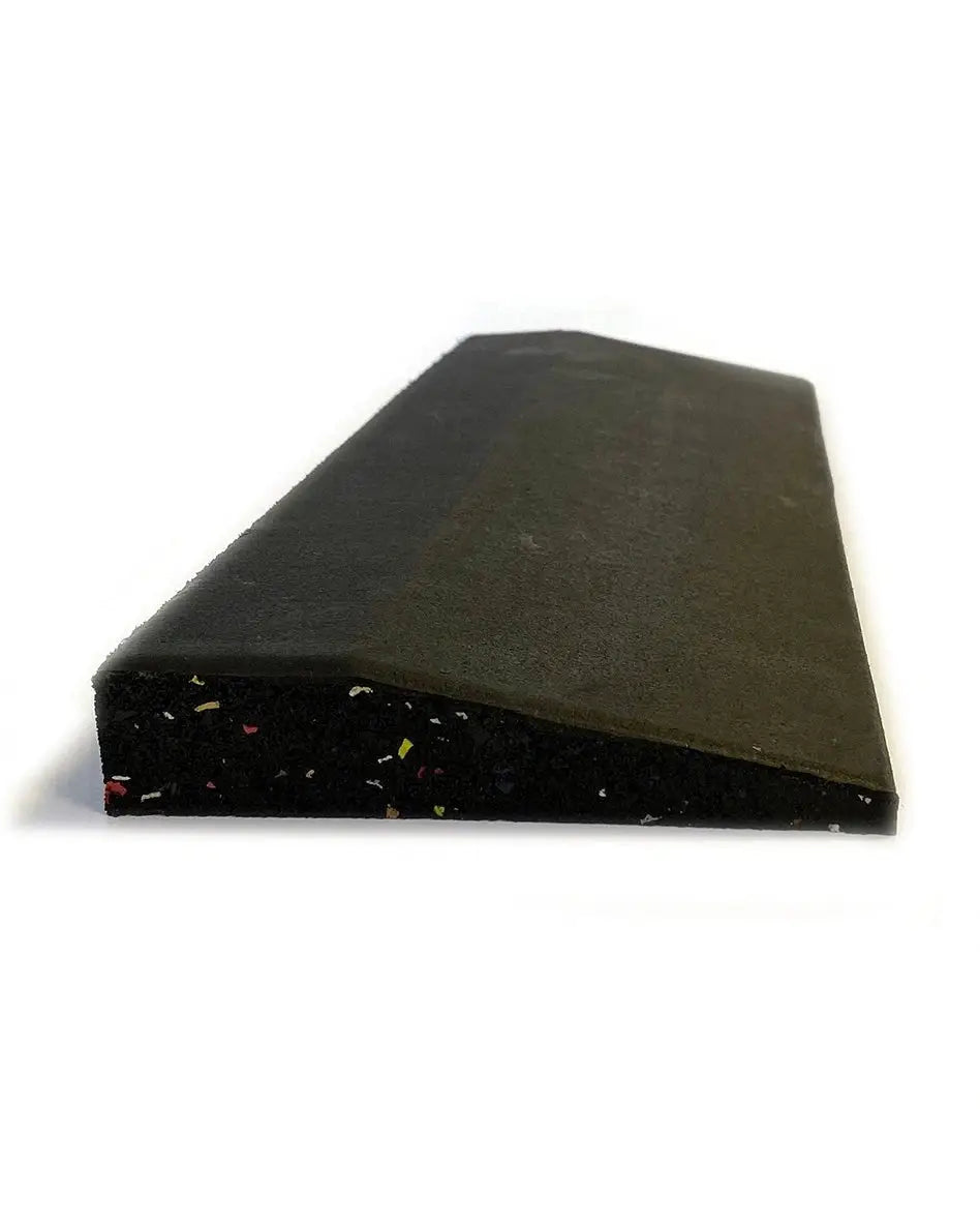 Gym Gear rubber gym flooring edge with ramped design, providing a smooth transition between flooring sections for safety and stability.