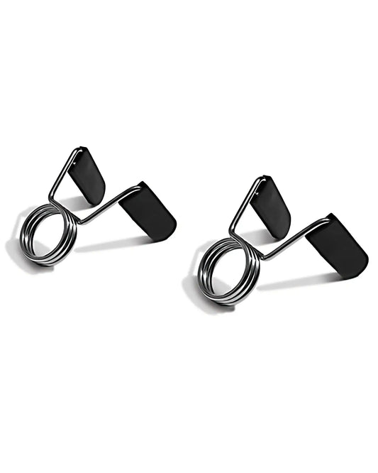 Pair of Gym Gear Olympic Bar Spring Collars securing weights on a barbell for safe lifting.