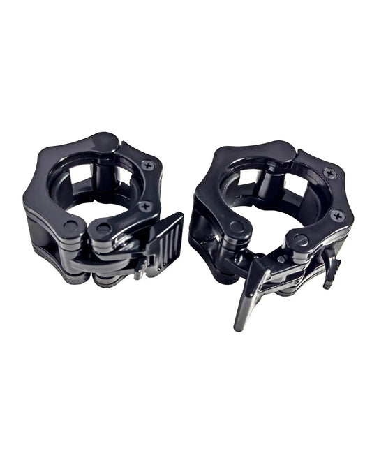 Pair of Gym Gear Olympic clamp collars for bars, featuring durable metal construction and easy-to-use locking mechanisms.