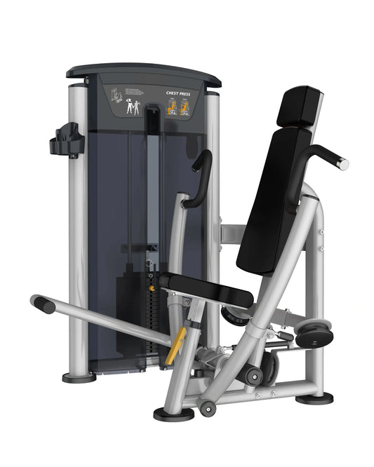 Gym Gear Perform Series pin-loaded chest press machine for strength training, with padded seat and adjustable weight settings.