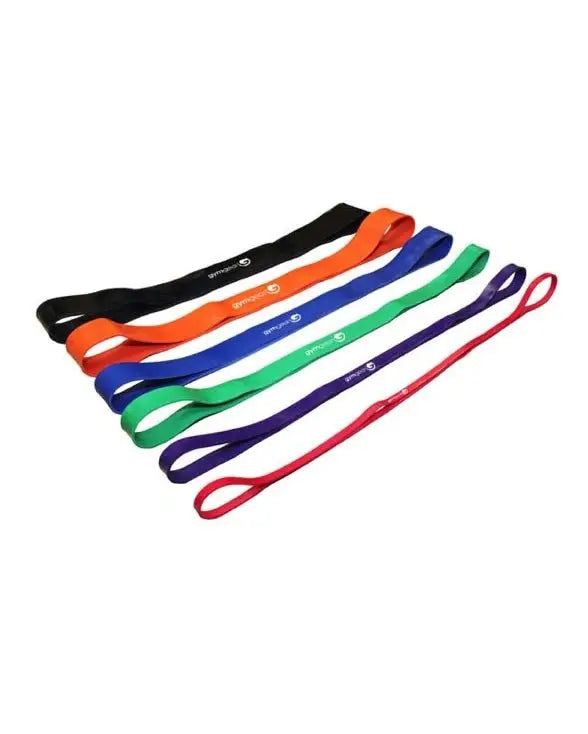 Colorful Gym Gear Powerbands studio accessories arranged in a row, showcasing different resistance levels for versatile workout options.