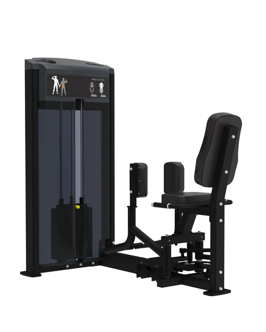 Gym Gear Pro Series Outer Thigh pin-loaded gym equipment with adjustable weight plates for targeted thigh exercises.