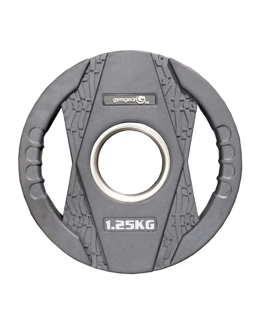 Gym Gear rubber Olympic weight plate with dual grip, 1.25kg, durable fitness gear for weightlifting and strength training.