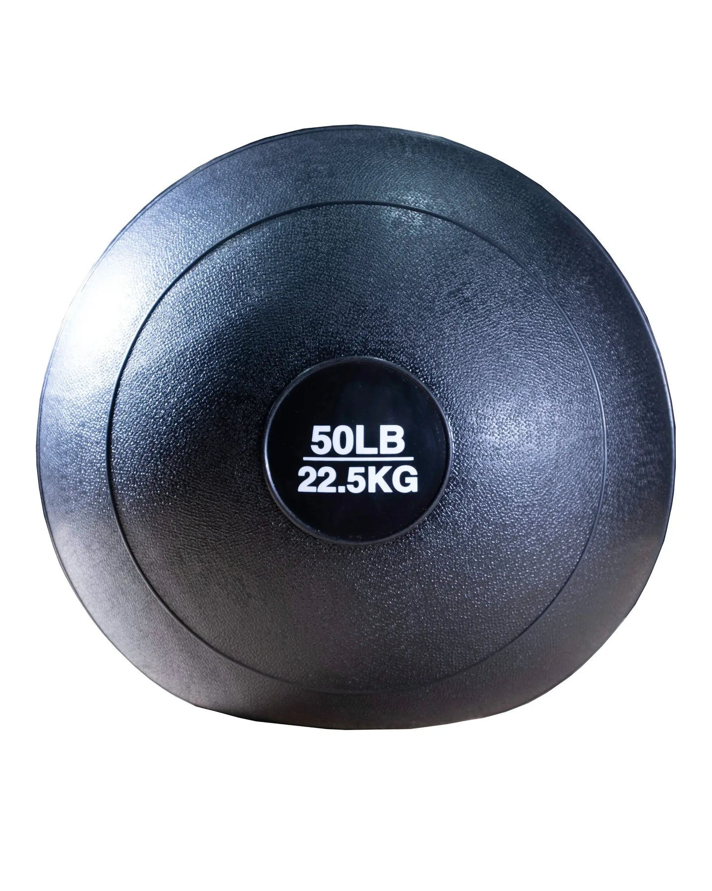 Gym Gear Slam Ball weighing 22.5kg (50lb) for strength training, shown in a gym setting with textured surface and handles.