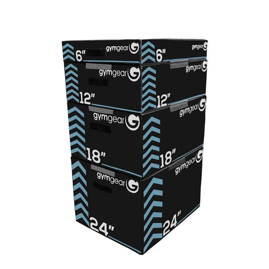Stacked Gym Gear soft plyometric boxes for jumping and training exercises, made of durable, cushioned material for safe workouts.