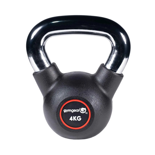 Gym Gear 4kg urethane kettlebell for strength training, with a smooth black finish and ergonomic handle.