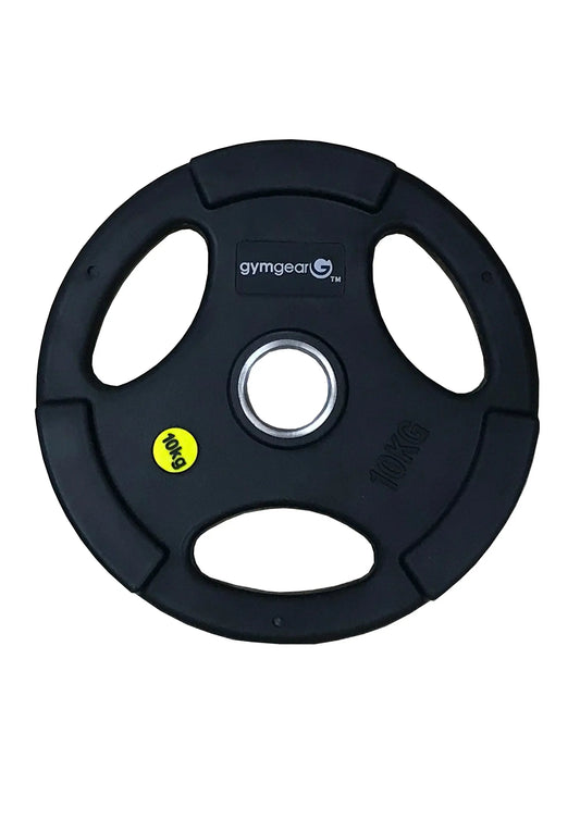 Gym Gear urethane Olympic weight plate, 10kg tri-grip design, durable and smooth surface for strength training and weightlifting.