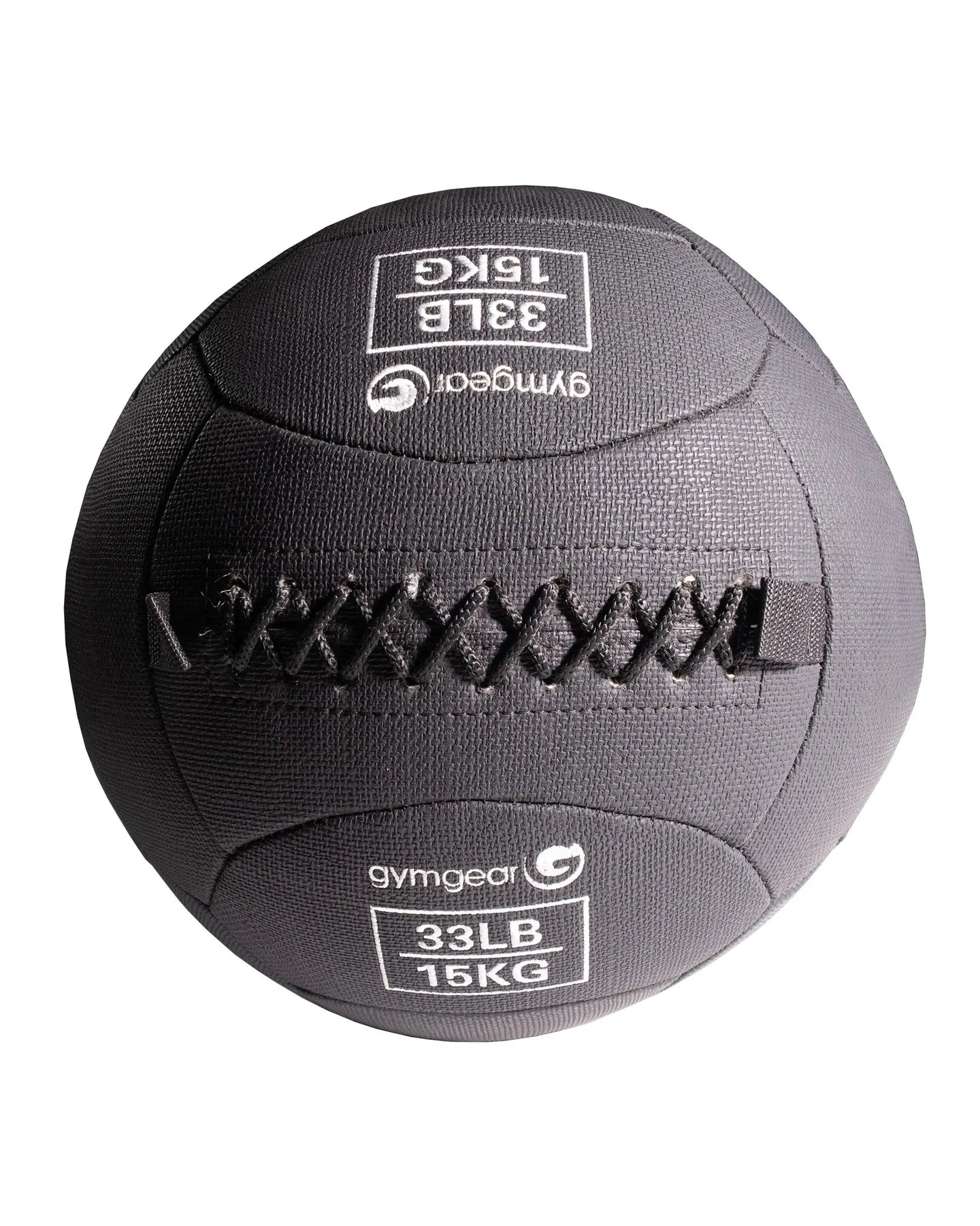 Gym Gear wall balls, 15kg, for functional fitness workouts, shown in a gym setting with textured surface and handles.