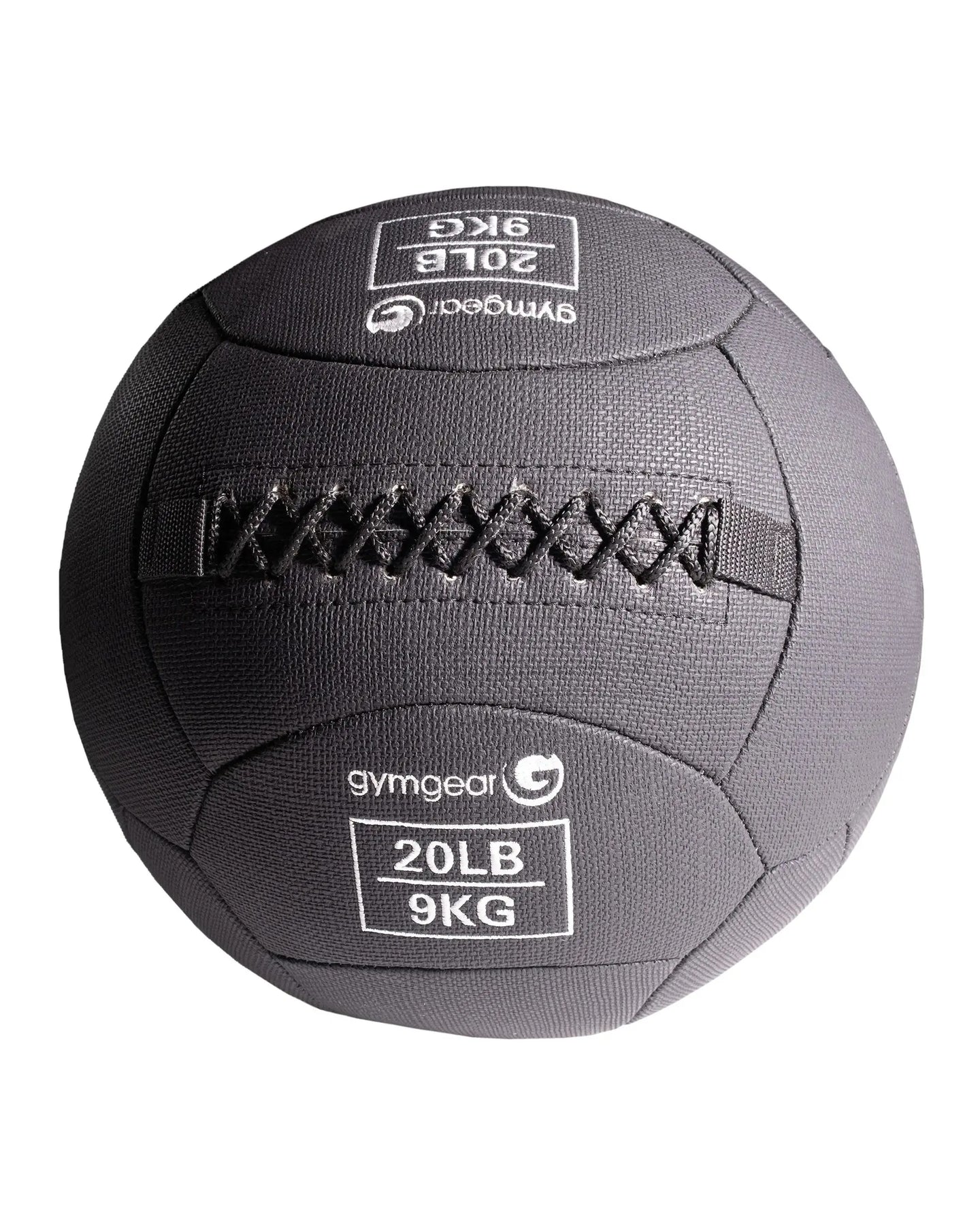 Gym Gear wall balls in 9kg for strength training, shown hanging on a wall with a textured surface and vibrant color.