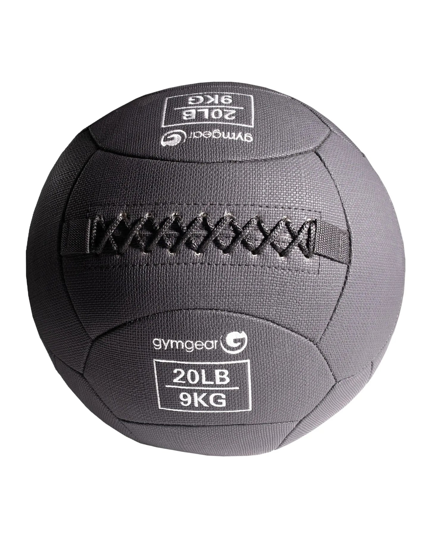 Gym Gear wall balls in 9kg for strength training, shown hanging on a wall with a textured surface and vibrant color.