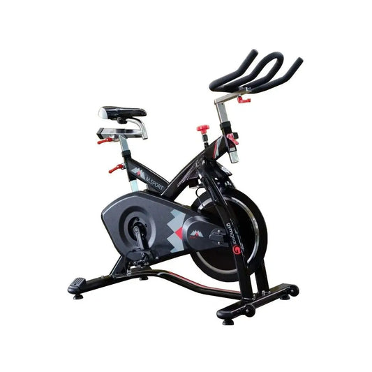 M Sport indoor exercise bike with adjustable seat and handlebars, digital display, and sturdy frame for home cardio workouts.