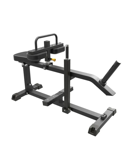 Gym Gear Pro Series plate loaded seated calf raise machine with padded seat and calf pads for targeted lower leg exercise.