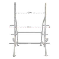 Plate loaded squat rack from Gym Gear's Pro Series, featuring sturdy construction and safety bars for weightlifting.