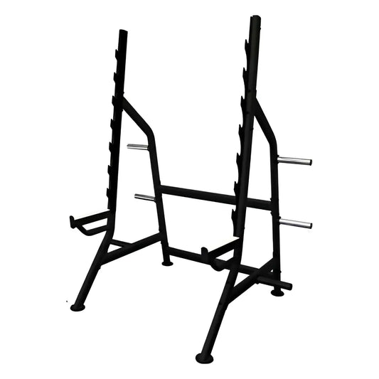 Black Pro Series squat rack by Gym Gear with plate-loaded benches, sturdy metal construction, and adjustable safety bars.