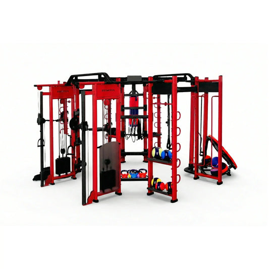 Spartan Rig red and black multi-station power rack with integrated cable machines and kettlebell storage