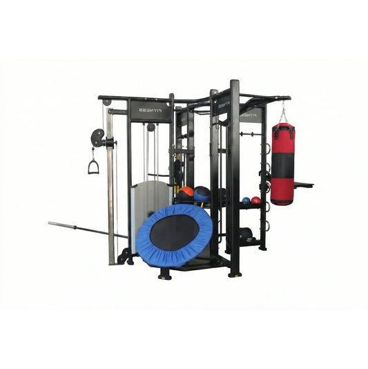 Black metal Spartan Studio Rig fitness station with red and black punching bag blue trampoline pad and assorted equipment