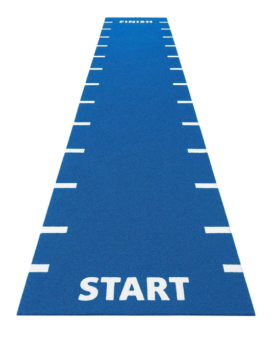 Blue Gym Gear sprint track with start, finish, and 0.5 meter line markings for athletic training and racing events.