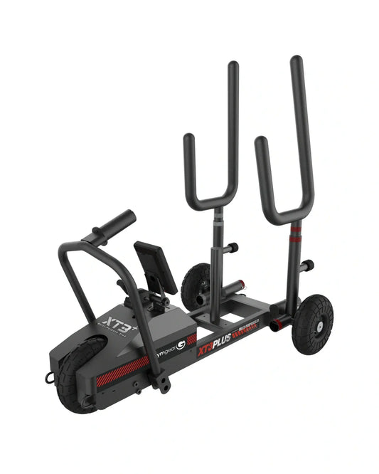 Black and red XT4 power sled elliptical trainer with adjustable handlebars and wheels for easy mobility and sleek design